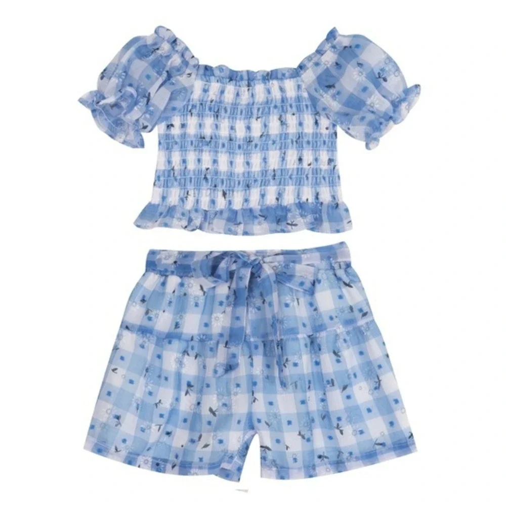 Rare Editions‎ Baby Girls Gingham Daisy Top and Shorts, 2 Piece Set - Blue - 12M